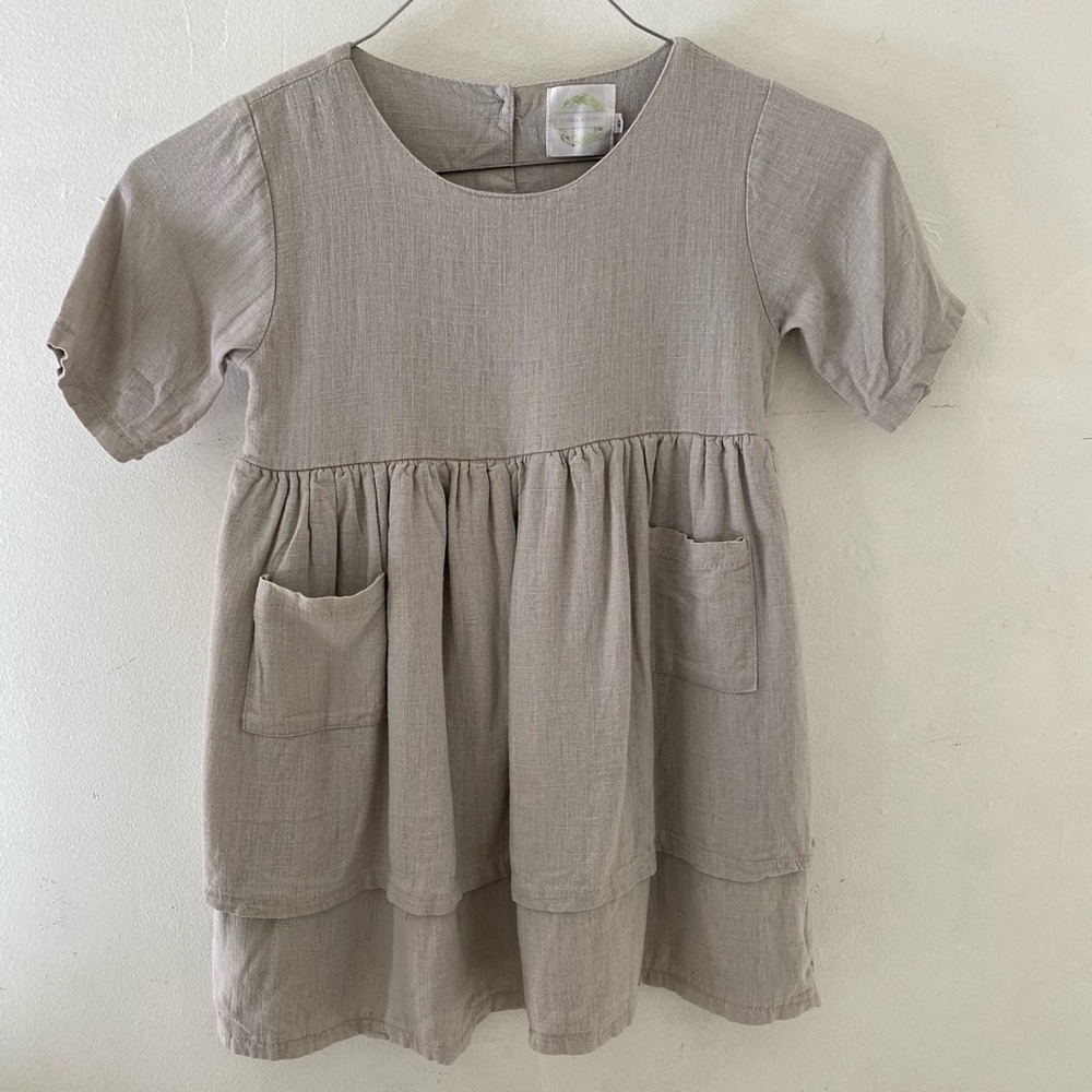 Flea & dot Adorable Kids Casual   Organic linen Dress in Tan summer